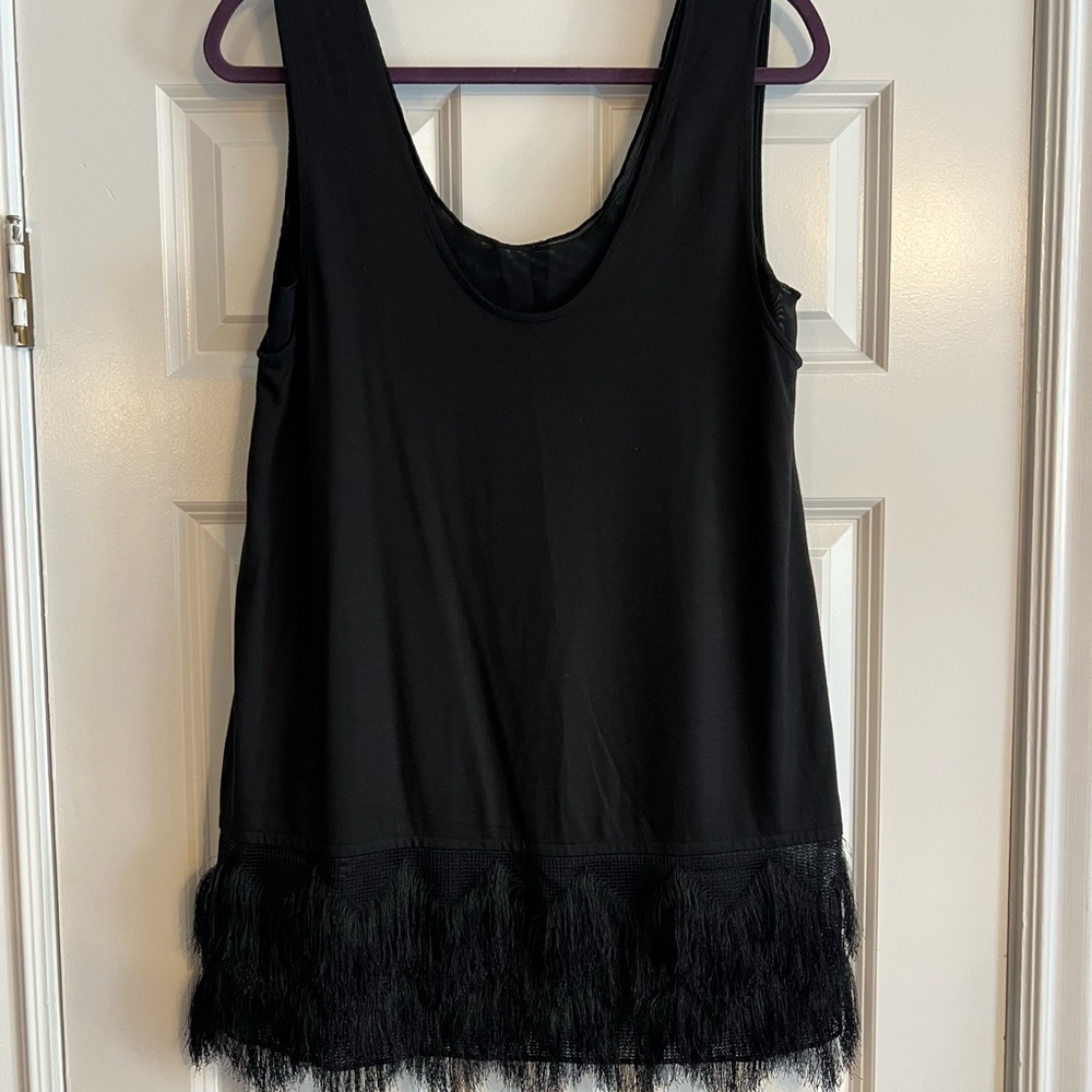 Black Sleeveless Top with Fringe Hem